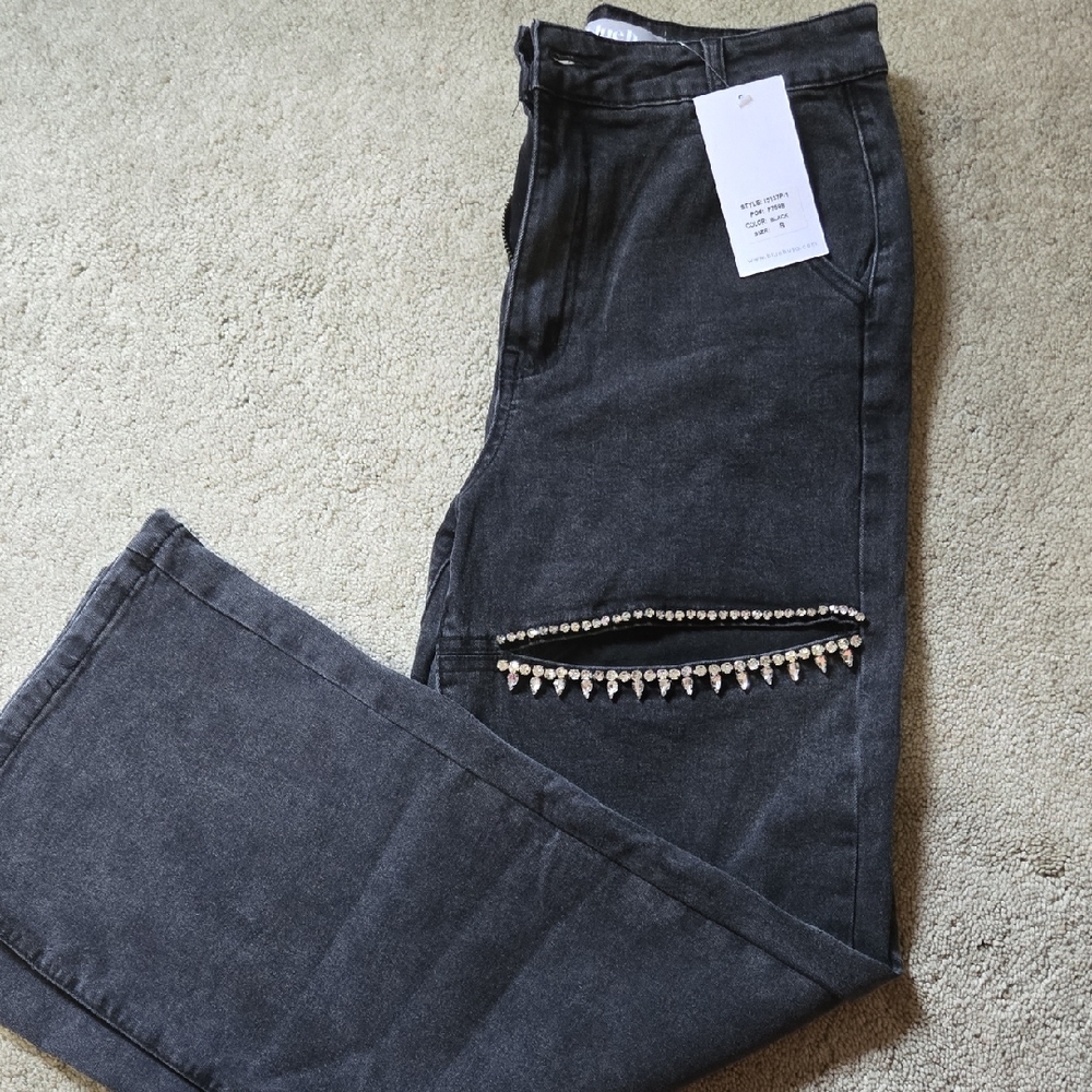 Gray Flare Wide Leg Jeans with Linear Embellishments